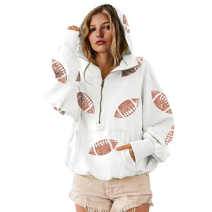 🏈 Steal the Game Day Spotlight | Women's Oversized Half-Zip Football Hoodie with Sequin Detail & Kangaroo Pocket, Casual Long-Sleeve Pullover ✨