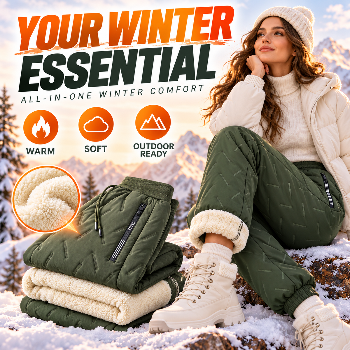 Women's fleece-lined winter pants styled with winter jacket and boots