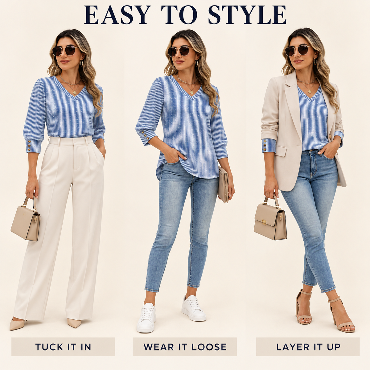 Three ways to style women's V-neck top