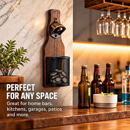 Wall-Mounted Bottle Opener with Cap Catcher