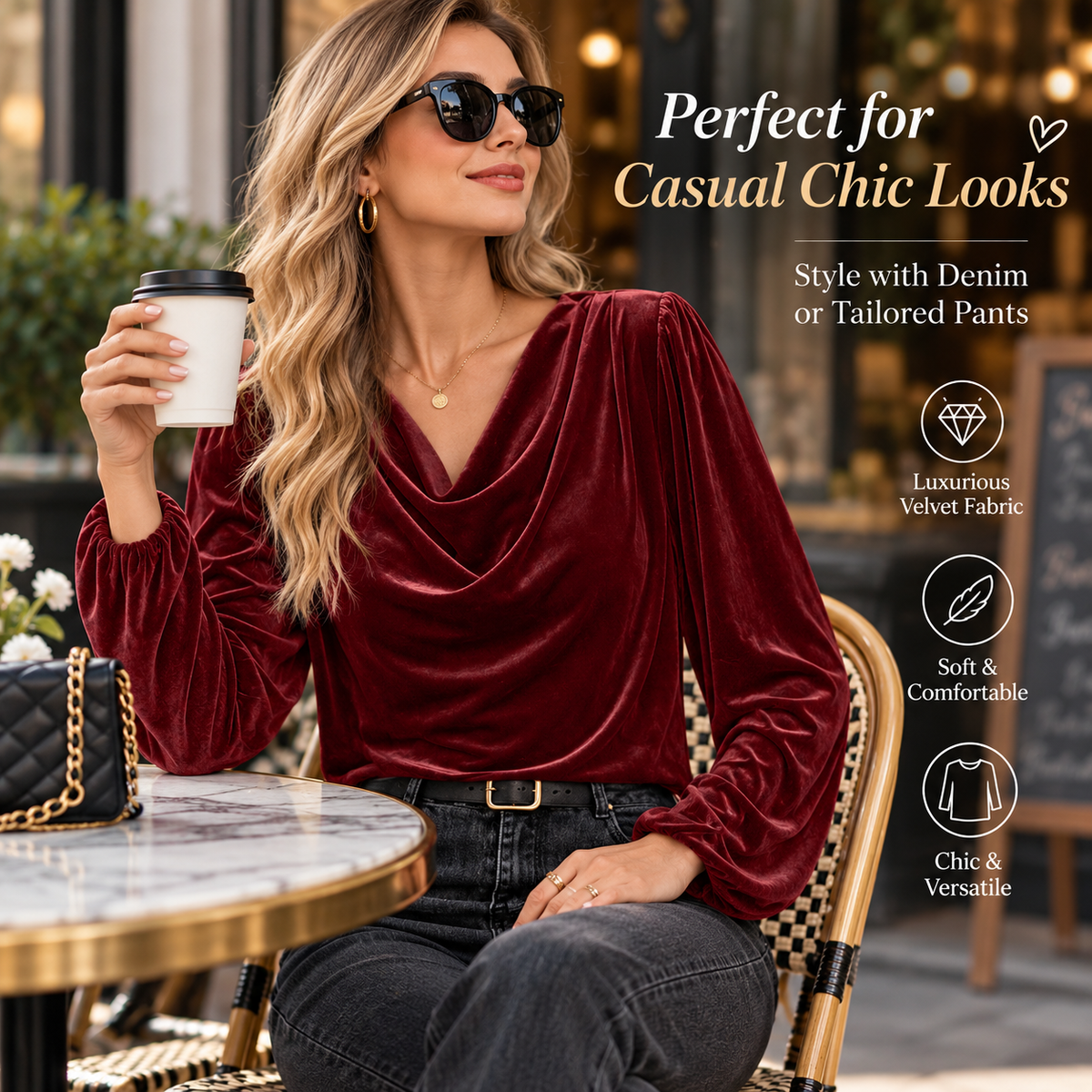 Women's velvet cowl neck top styled casually with denim