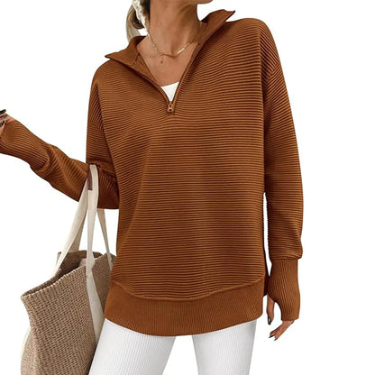 🍂 Cozy Fall Fashion | Women's Long Sleeve Quarter-Zip Pullover Sweater, Loose V-Neck Collared Ribbed Knit Jumper with Thumb Holes ✨
