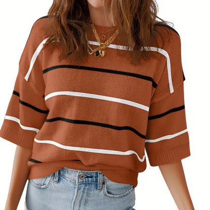 👗 French Riviera Chic | Women's Striped Knit Crew Neck Short-Sleeve Pullover & Loose-Fit Ribbed Rib-Knit Tee ✨