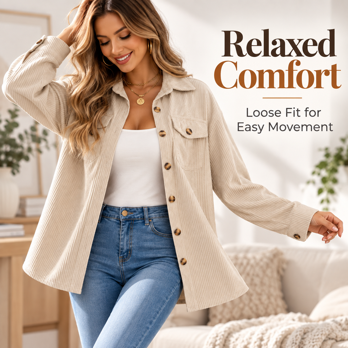 Women’s Corduroy Shacket – Relaxed Fit Button-Up Jacket