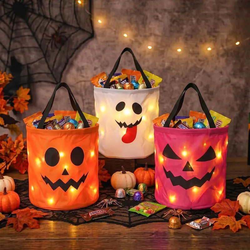 🎃 Glow in the Spooky Night | 3/4 Pcs Halloween Candy Bucket with LED Lights Non-Woven Trick or Treat Bags 👻