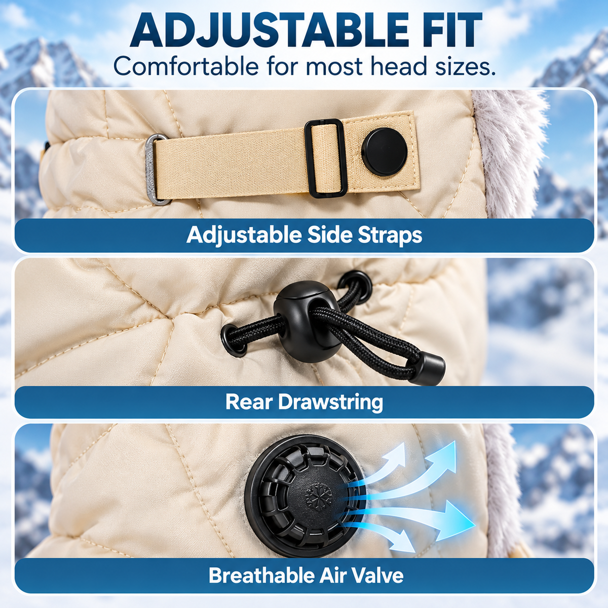 Adjustable winter hat side straps rear drawstring and breathing valve