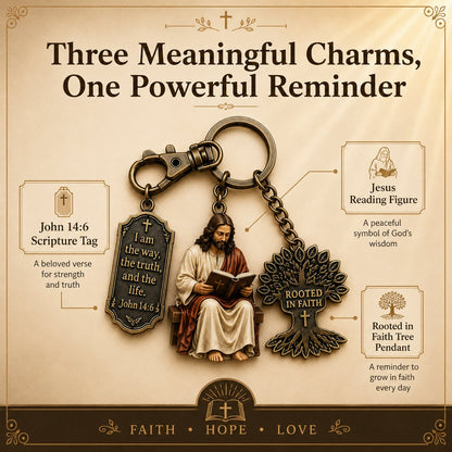 ✝️ Walk in Wisdom | Beautiful "Jesus Reading" Keychain, Premium Stainless Steel Christian Faith Monogram Backpack Charm Gift 🙏