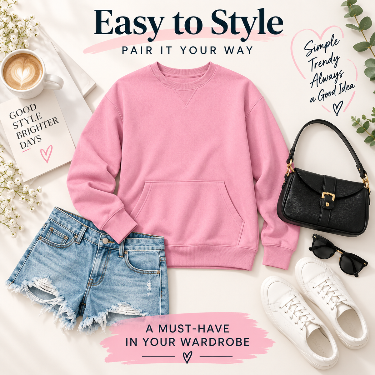 Women's Oversized Crewneck Sweatshirt with Kangaroo Pocket