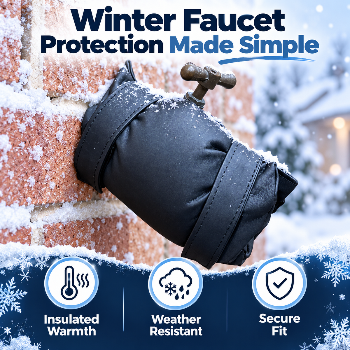 Insulated winter faucet cover with secure fastening straps