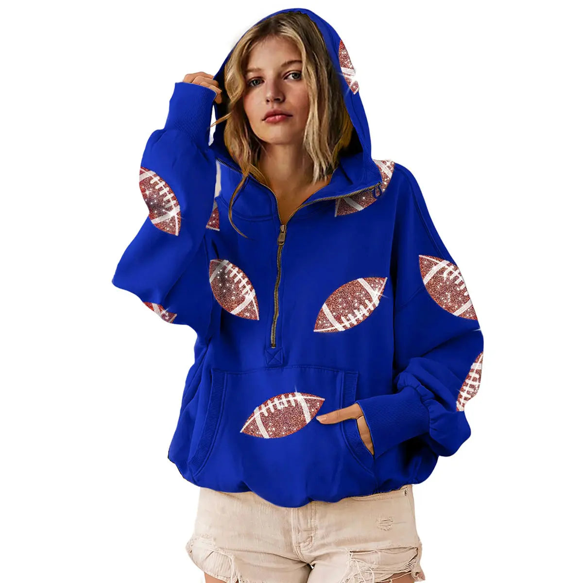 🏈 Steal the Game Day Spotlight | Women's Oversized Half-Zip Football Hoodie with Sequin Detail & Kangaroo Pocket, Casual Long-Sleeve Pullover ✨