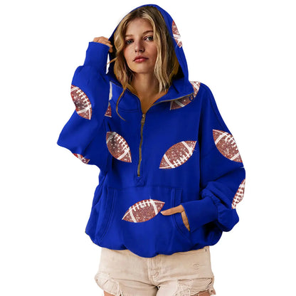 🏈 Steal the Game Day Spotlight | Women's Oversized Half-Zip Football Hoodie with Sequin Detail & Kangaroo Pocket, Casual Long-Sleeve Pullover ✨