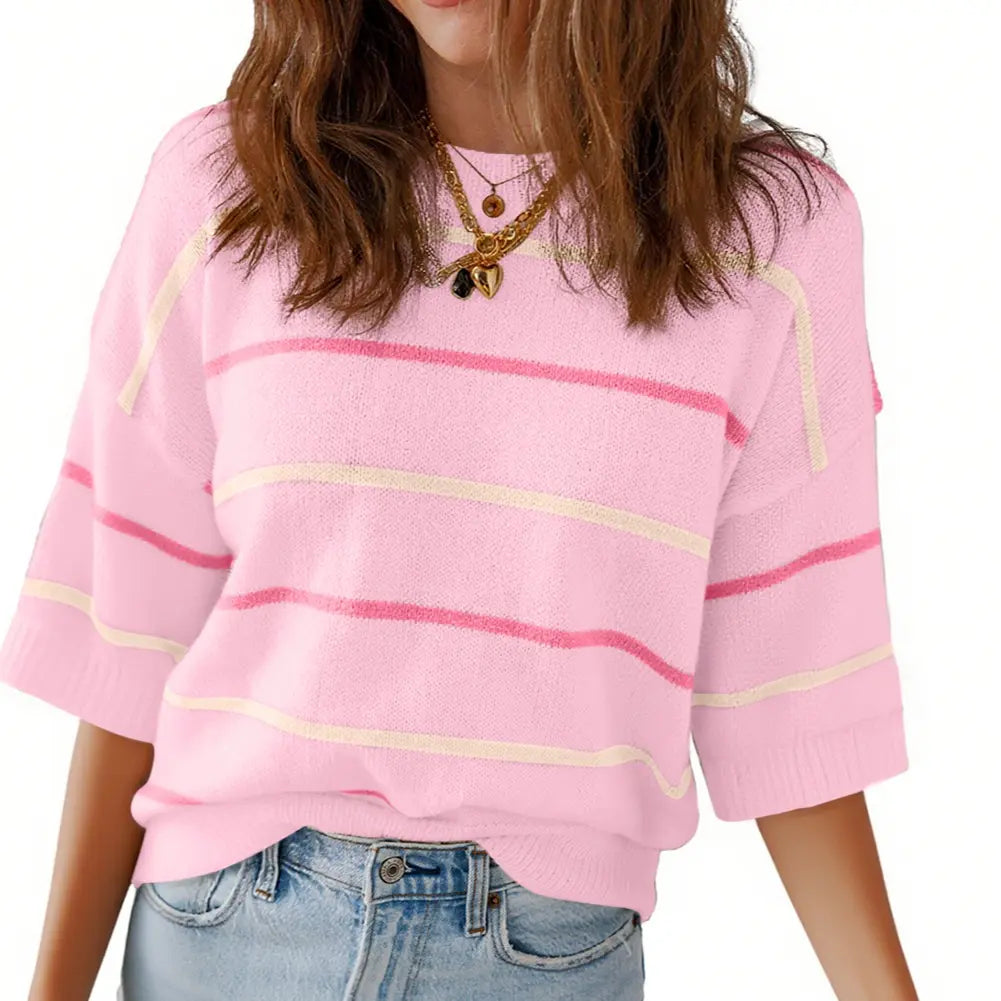 👗 French Riviera Chic | Women's Striped Knit Crew Neck Short-Sleeve Pullover & Loose-Fit Ribbed Rib-Knit Tee ✨