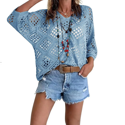 🌸 Boho Vacation Vibe | Women's Bohemian-Inspired Beige Crochet V-Neck Top & Lightweight Summer Cover-Up ✨