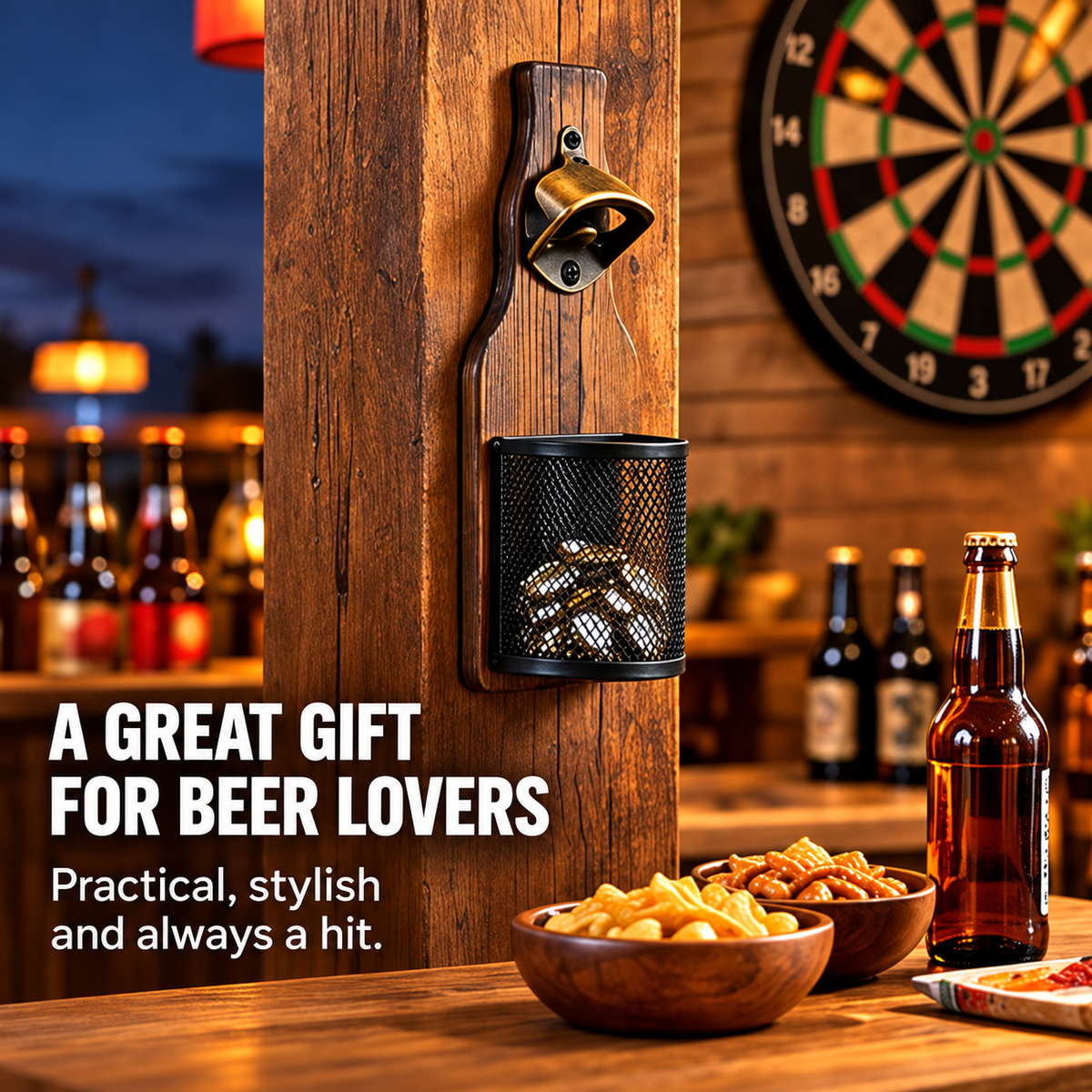 Wall-Mounted Bottle Opener with Cap Catcher