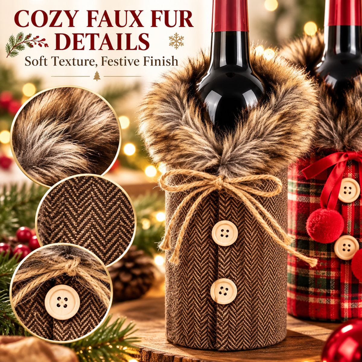 6 PCS Christmas Wine Bottle Covers – Cozy Faux Fur Holiday Decor