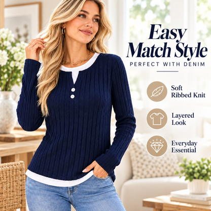 Women's Brushed Faux Two-Piece Long Sleeve Top