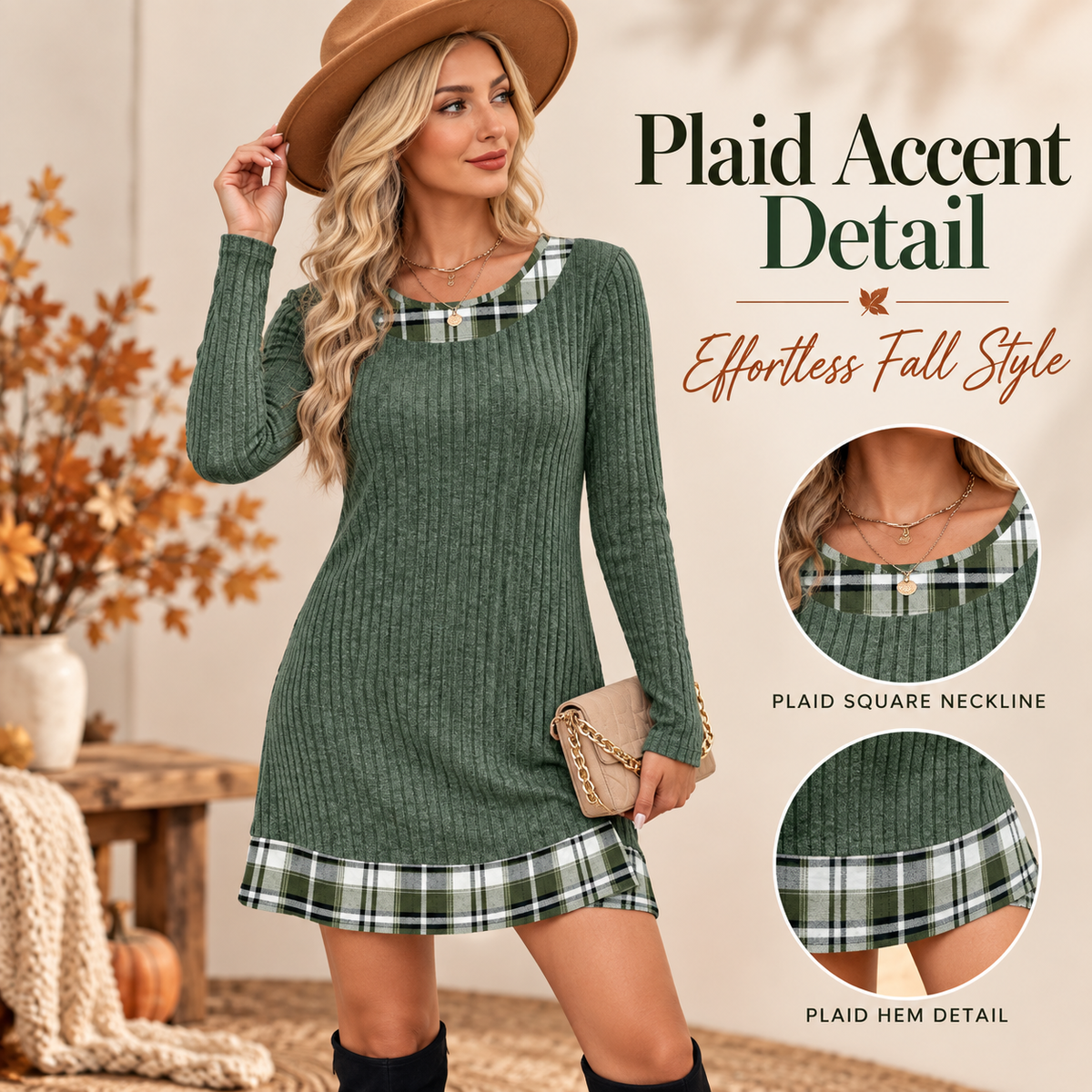 Women’s Plaid Patchwork Sweater Dress – Long Sleeve Knit Style