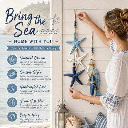 🌊 Coastal Serenity | Mediterranean Distressed Starfish & Fish Hanging Rope Wall Ornaments ✨