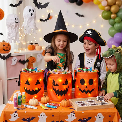 🎃 Glow in the Spooky Night | 3/4 Pcs Halloween Candy Bucket with LED Lights Non-Woven Trick or Treat Bags 👻