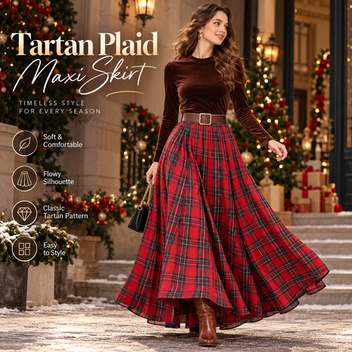 Women’s Tartan Plaid Maxi Skirt – Flowy Holiday Style
