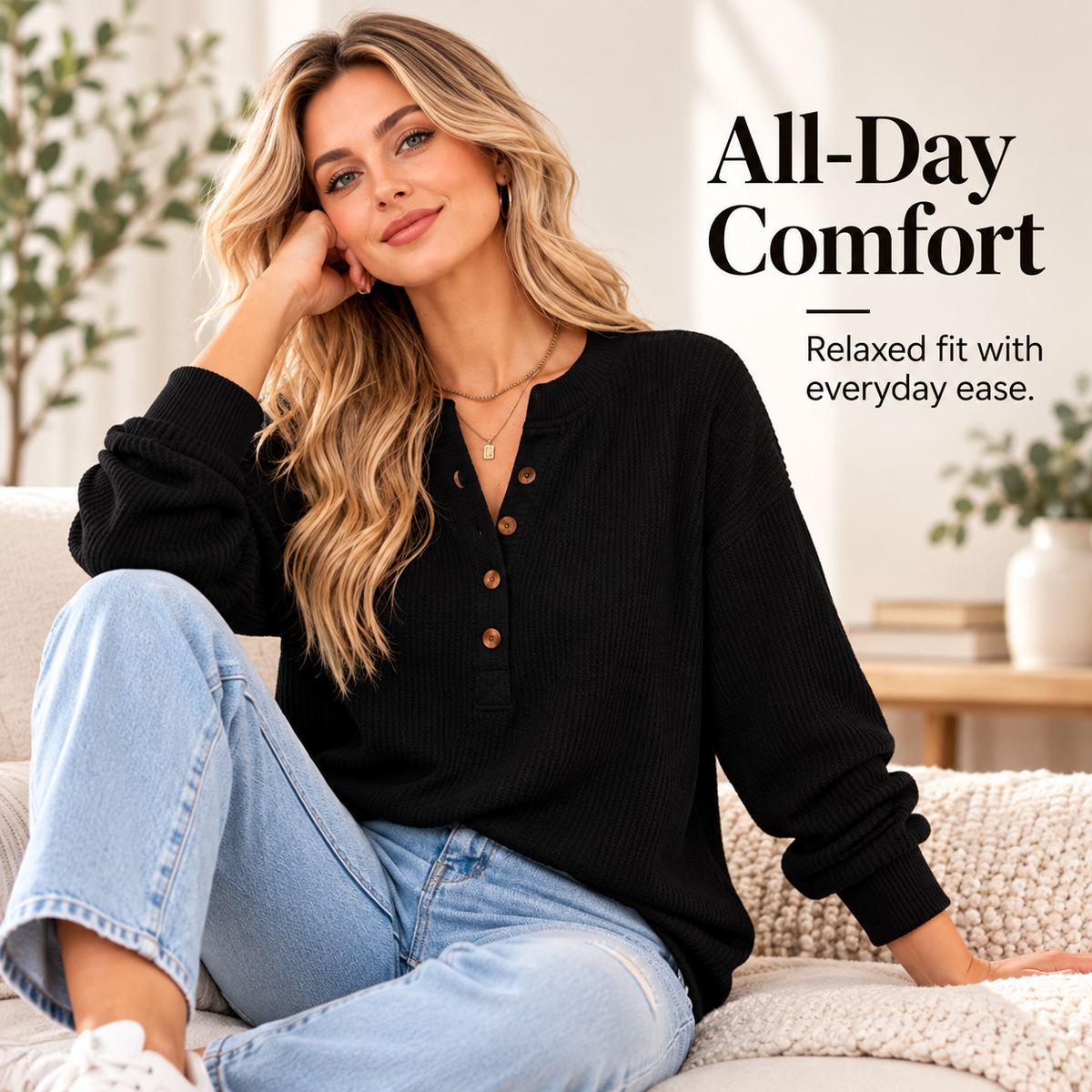 Women's Everyday Ribbed Henley Top