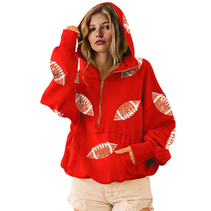 🏈 Steal the Game Day Spotlight | Women's Oversized Half-Zip Football Hoodie with Sequin Detail & Kangaroo Pocket, Casual Long-Sleeve Pullover ✨