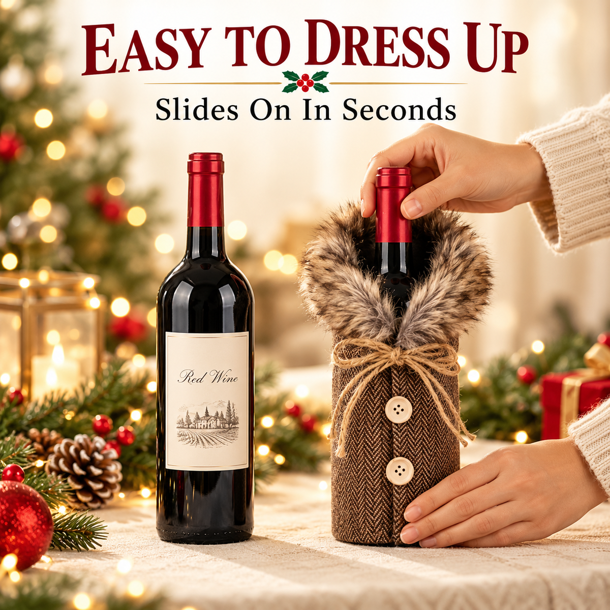 6 PCS Christmas Wine Bottle Covers – Cozy Faux Fur Holiday Decor