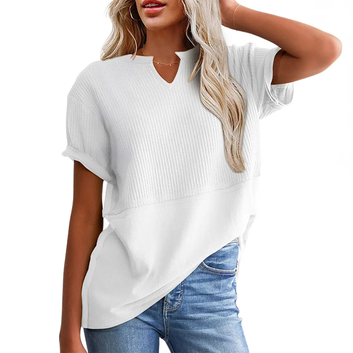 👗 Flattering & Slimming | Women's Plus Size V-Neck Short Sleeve Knit Top Casual Oversized Ribbed Tee ✨