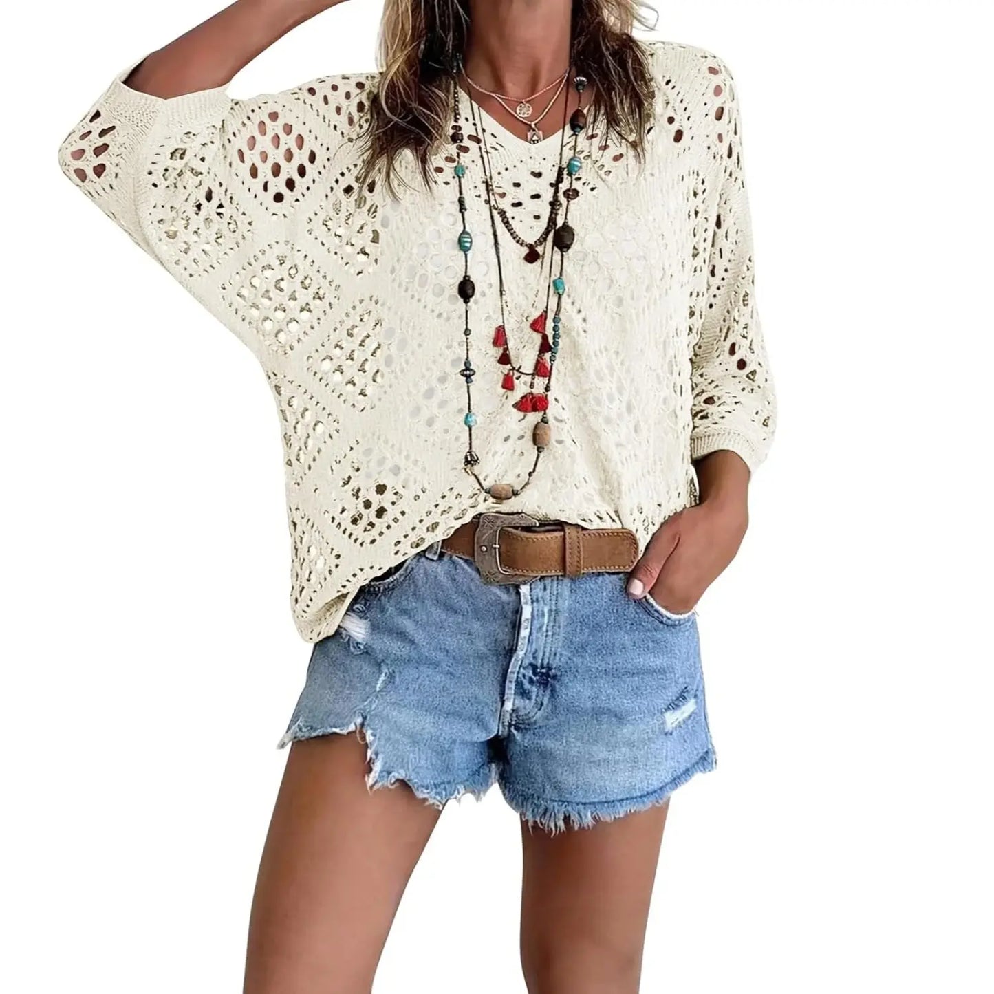 🌸 Boho Vacation Vibe | Women's Bohemian-Inspired Beige Crochet V-Neck Top & Lightweight Summer Cover-Up ✨