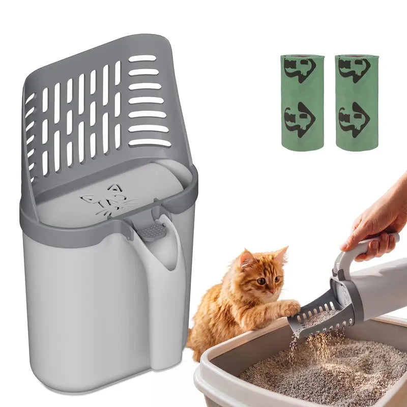 🐱 Clean Hands, No Mess | 2-in-1 Cat Litter Scooper with Integrated Trash Box & Waste Bag Holder 💩