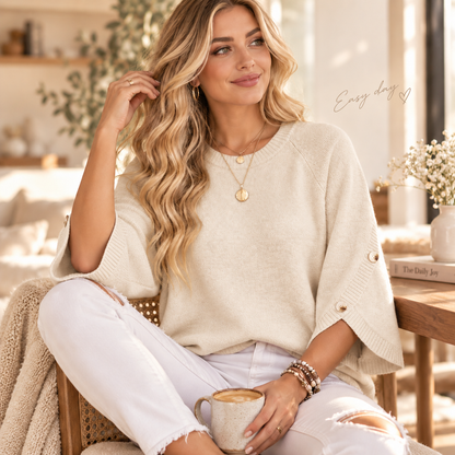 Women's 3/4 Sleeve Knit Sweater with Button-Detail Cuffs