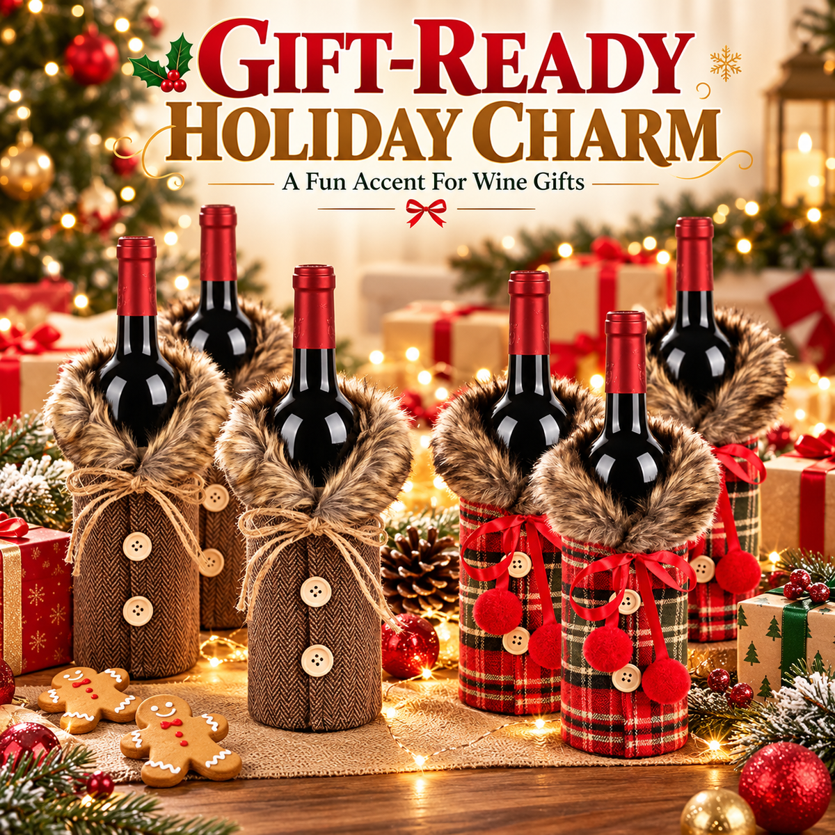 6 PCS Christmas Wine Bottle Covers – Cozy Faux Fur Holiday Decor