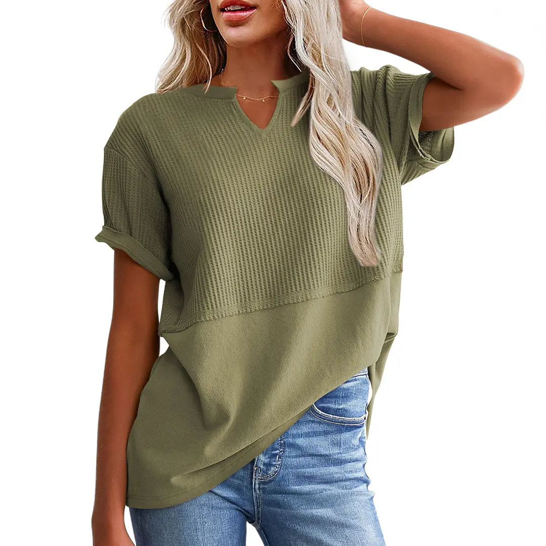 👗 Flattering & Slimming | Women's Plus Size V-Neck Short Sleeve Knit Top Casual Oversized Ribbed Tee ✨