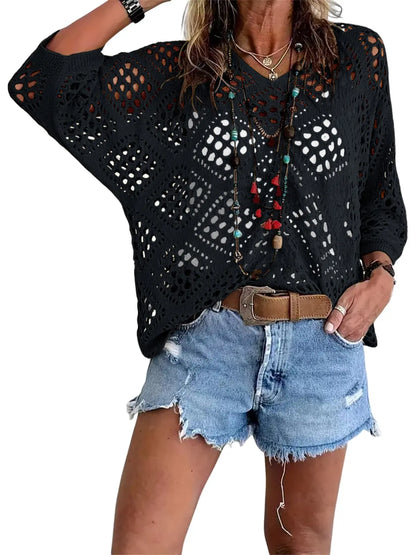 🌸 Boho Vacation Vibe | Women's Bohemian-Inspired Beige Crochet V-Neck Top & Lightweight Summer Cover-Up ✨