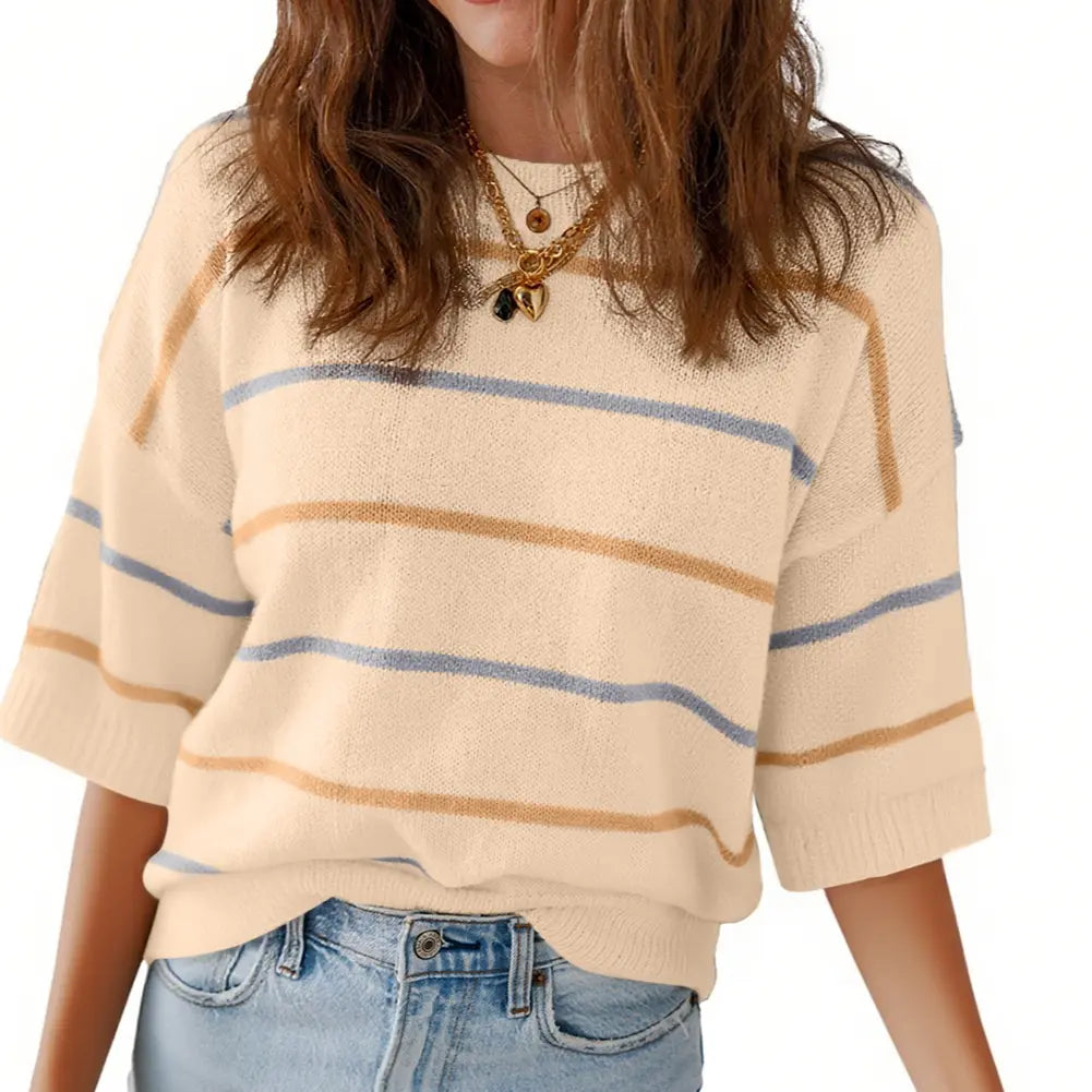 👗 French Riviera Chic | Women's Striped Knit Crew Neck Short-Sleeve Pullover & Loose-Fit Ribbed Rib-Knit Tee ✨