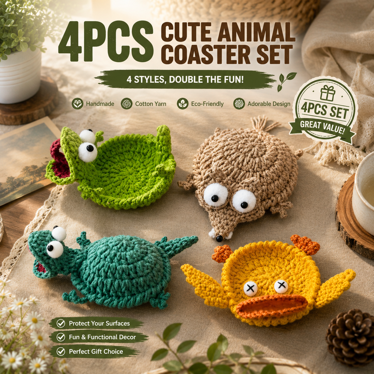 🐾 Whimsical Tabletop Charm | Hand-Crocheted Cartoon Animal Coasters, Thickened Heat-Insulating & Anti-Scalding Drink Mats ✨