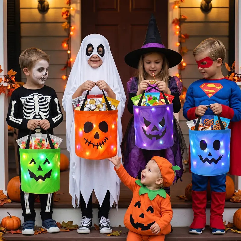 🎃 Glow in the Spooky Night | 3/4 Pcs Halloween Candy Bucket with LED Lights Non-Woven Trick or Treat Bags 👻