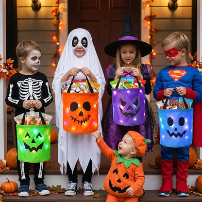 🎃 Glow in the Spooky Night | 3/4 Pcs Halloween Candy Bucket with LED Lights Non-Woven Trick or Treat Bags 👻