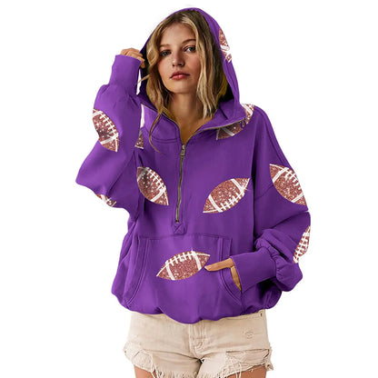 🏈 Steal the Game Day Spotlight | Women's Oversized Half-Zip Football Hoodie with Sequin Detail & Kangaroo Pocket, Casual Long-Sleeve Pullover ✨