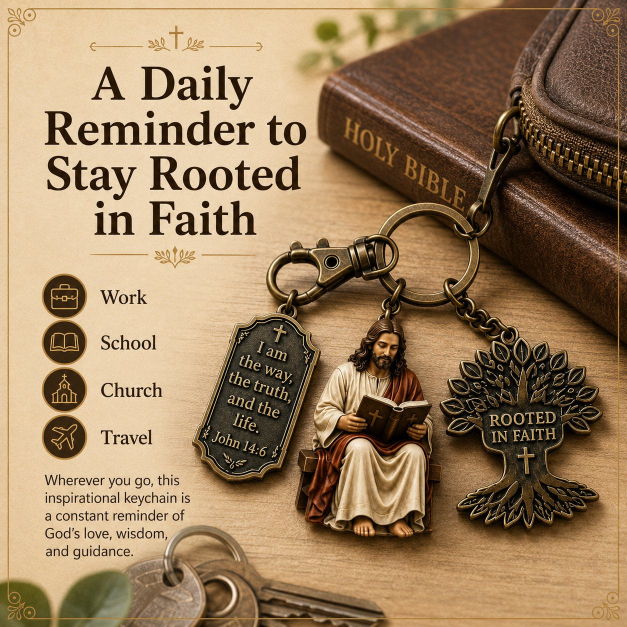 ✝️ Walk in Wisdom | Beautiful "Jesus Reading" Keychain, Premium Stainless Steel Christian Faith Monogram Backpack Charm Gift 🙏