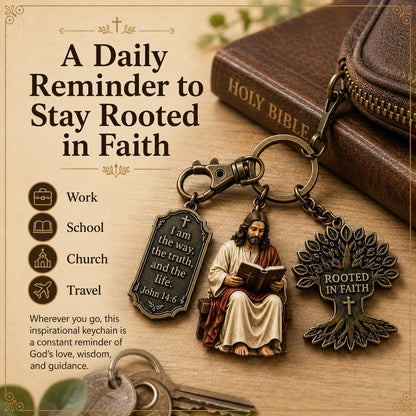 ✝️ Walk in Wisdom | Beautiful "Jesus Reading" Keychain, Premium Stainless Steel Christian Faith Monogram Backpack Charm Gift 🙏