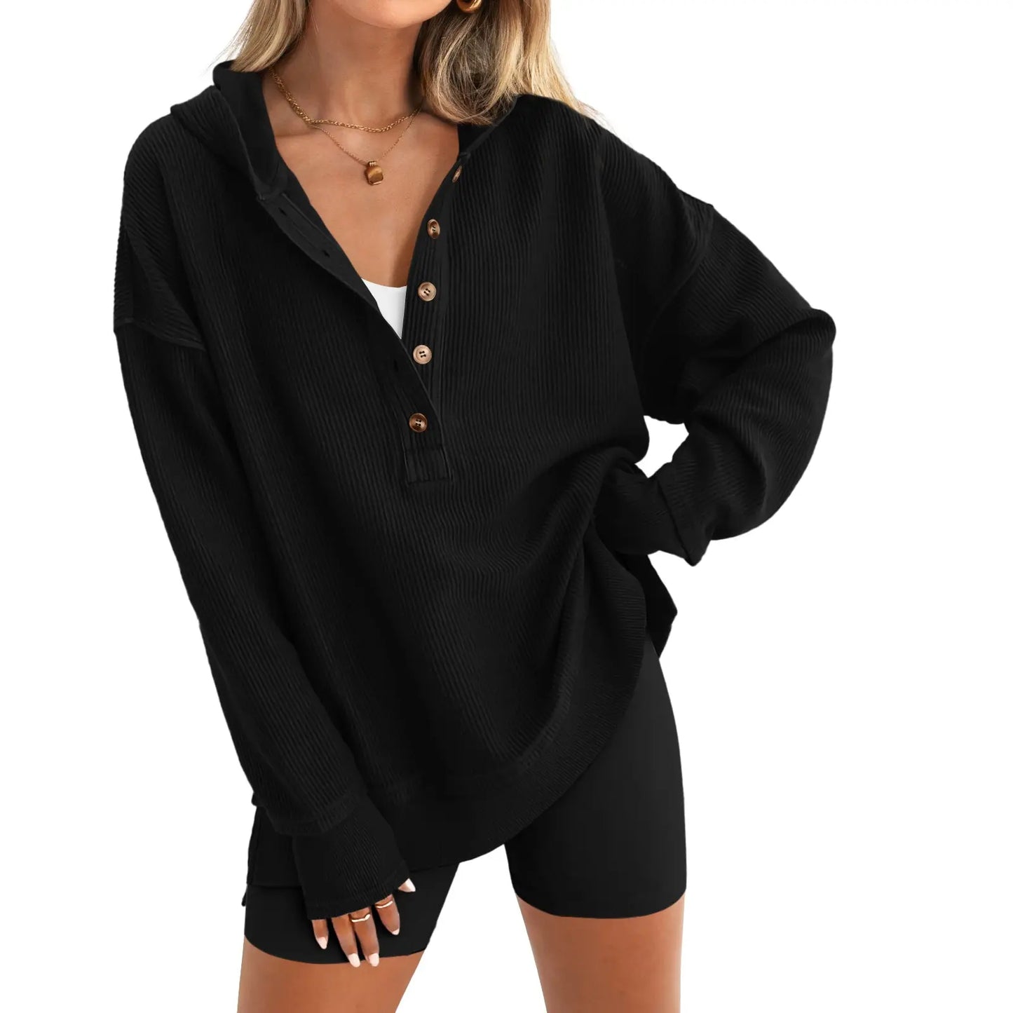 🍂 Cozy Fall Fashion | Women's Fashion Long Sleeve Hoodie, Oversized Button-Up V-Neck Sweatshirt with Side Slits ✨