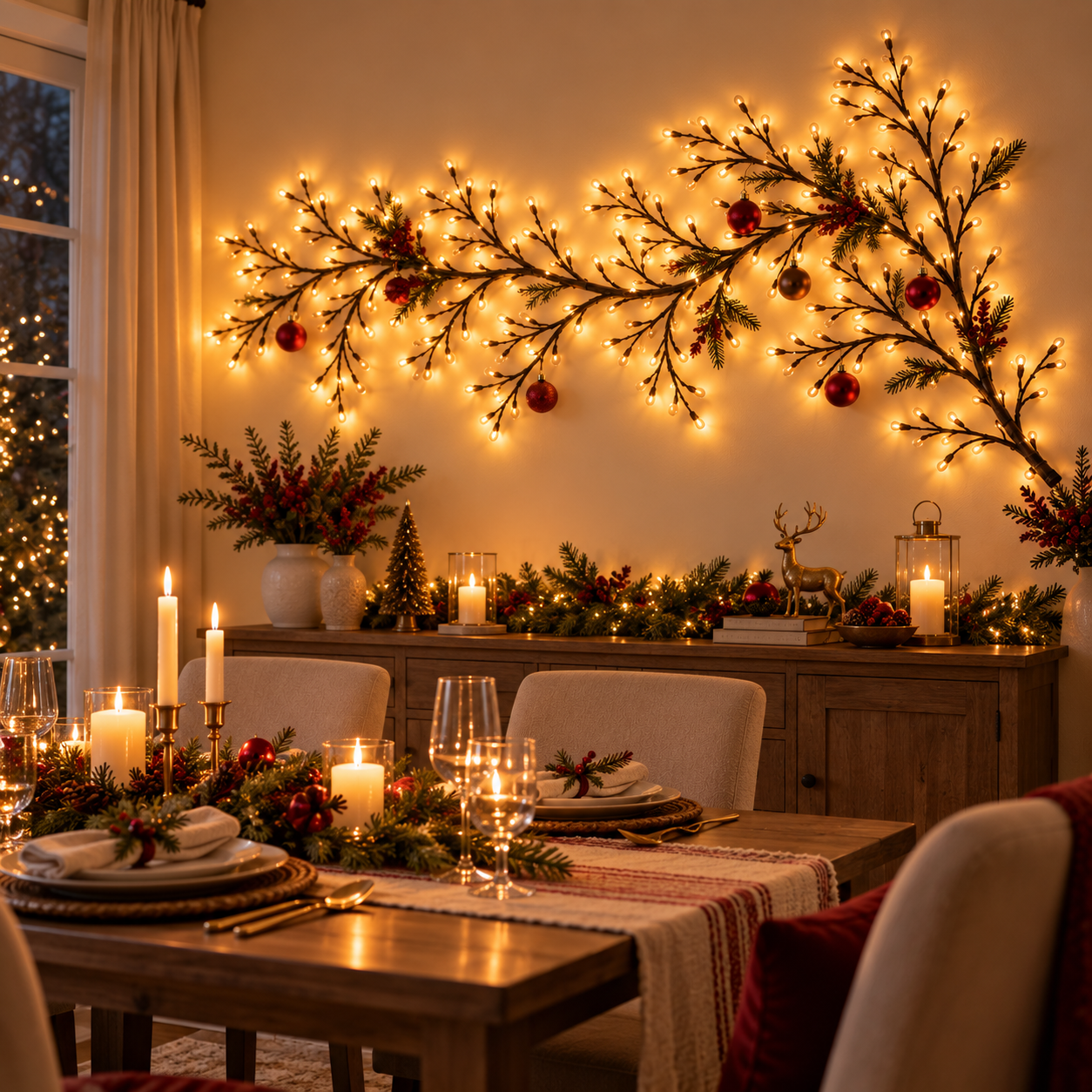 Warm white LED branch lights in Christmas dining room