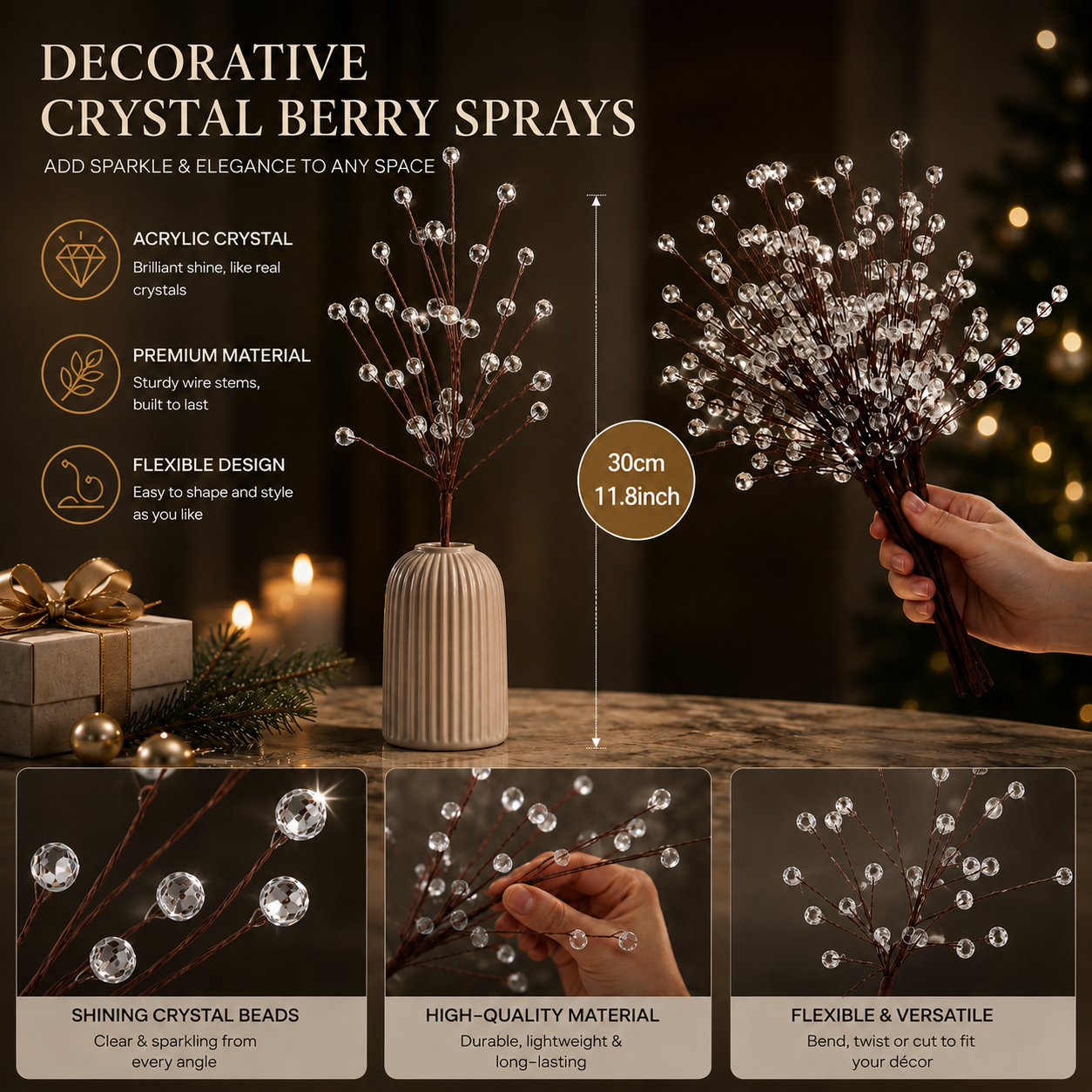 8-Pack Sparkling Crystal Christmas Tree Picks – 11.8' Flexible Beaded Branch Sprays