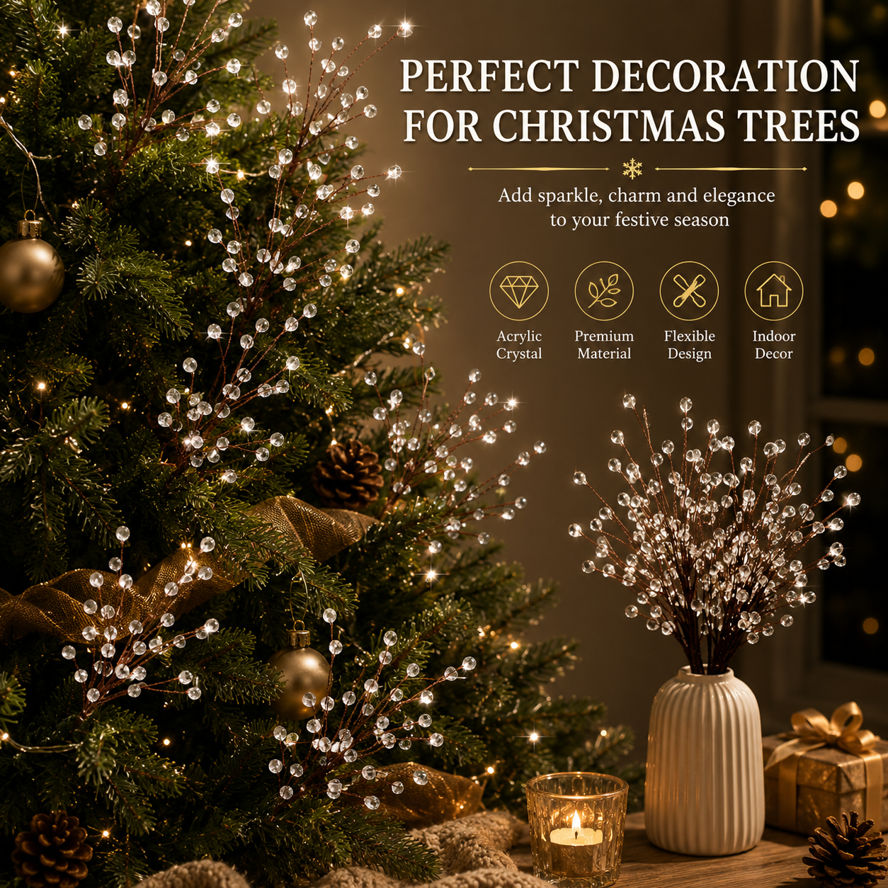 8-Pack Sparkling Crystal Christmas Tree Picks – 11.8' Flexible Beaded Branch Sprays