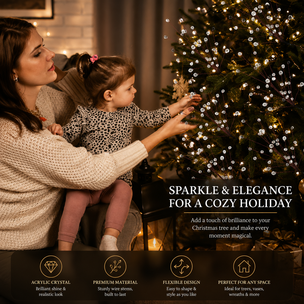8-Pack Sparkling Crystal Christmas Tree Picks – 11.8' Flexible Beaded Branch Sprays