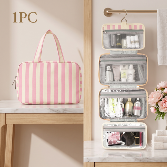 🧳 Pack Like a Pro | Classic Striped Hanging Travel Toiletry Bag & Waterproof Multi-Layer Cosmetic Organizer ✨