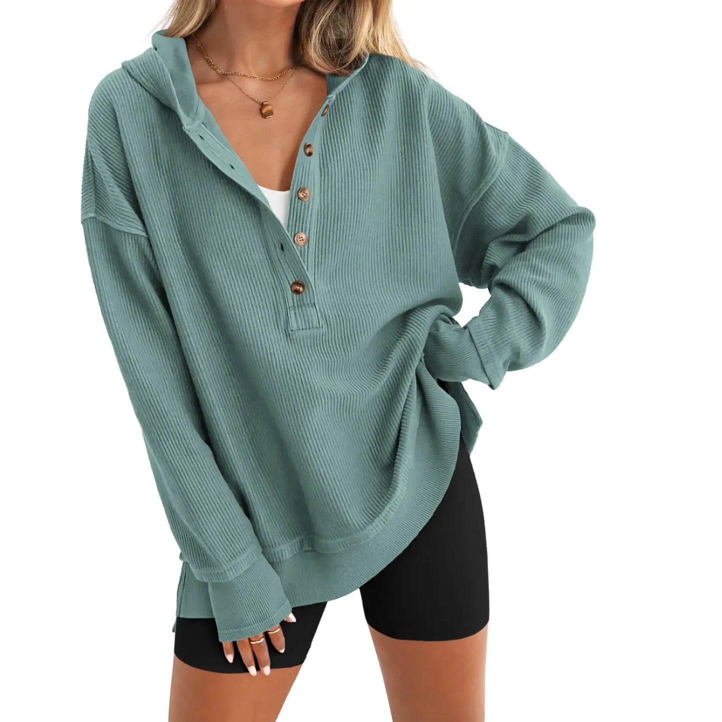 🍂 Cozy Fall Fashion | Women's Fashion Long Sleeve Hoodie, Oversized Button-Up V-Neck Sweatshirt with Side Slits ✨