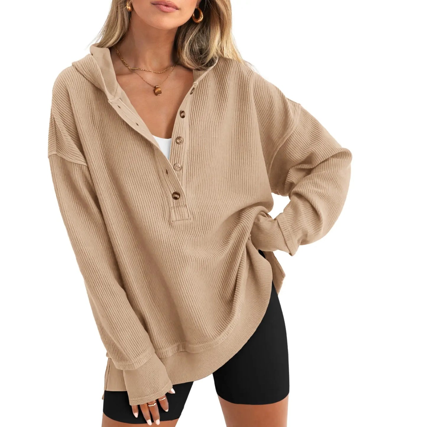 🍂 Cozy Fall Fashion | Women's Fashion Long Sleeve Hoodie, Oversized Button-Up V-Neck Sweatshirt with Side Slits ✨