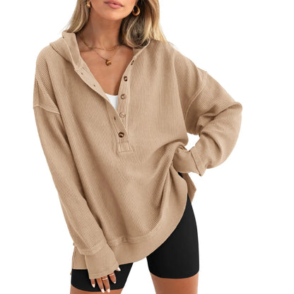 🍂 Cozy Fall Fashion | Women's Fashion Long Sleeve Hoodie, Oversized Button-Up V-Neck Sweatshirt with Side Slits ✨